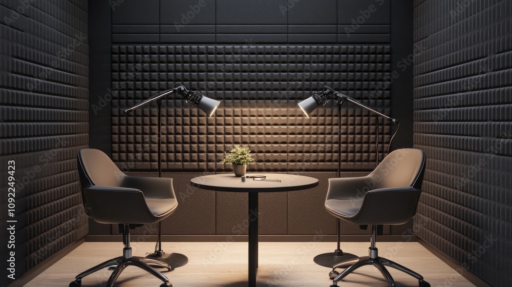 Poster a sleek recording studio setup with three stylish chairs, a compact round table, and two dynamic mic