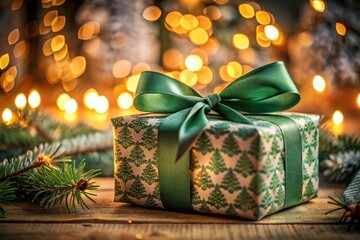 Festively Wrapped Gift with Green Ribbon in Low Light Photography for Celebrations