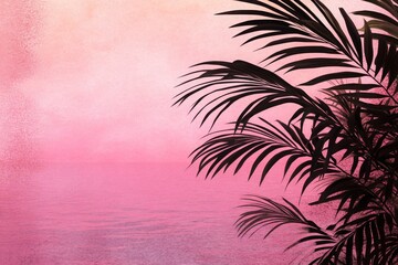 Obraz premium Serene Tropical Sunset View with Silhouetted Palm Leaves against a Soft Pink Sky Reflecting over Calm Ocean Waters for a Peaceful Atmosphere