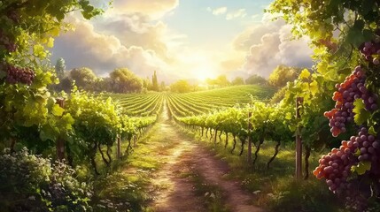 Fototapeta premium Serene Vineyard Pathway at Sunrise with Lush Green Grapevines and Vibrant Grapes Under a Stunning Sky of Clouds and Warm Light