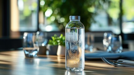 Clear glass water bottle with sparkling water on a wooden table in a modern dining setting surrounded by natural light and elegant decor