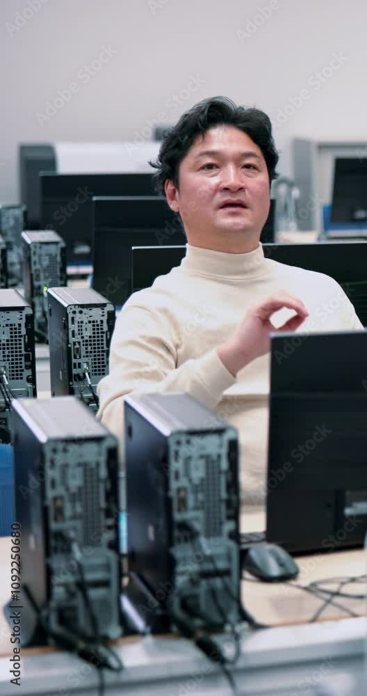 Poster office, question and business asian man on computer for training at company, research center and sta