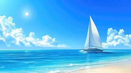 Naklejka premium Serene Sailing Adventure: A Beautiful Sailboat Gliding Across Crystal Clear Waters Under Bright Blue Skies and Fluffy Clouds on a Tranquil Summer Day