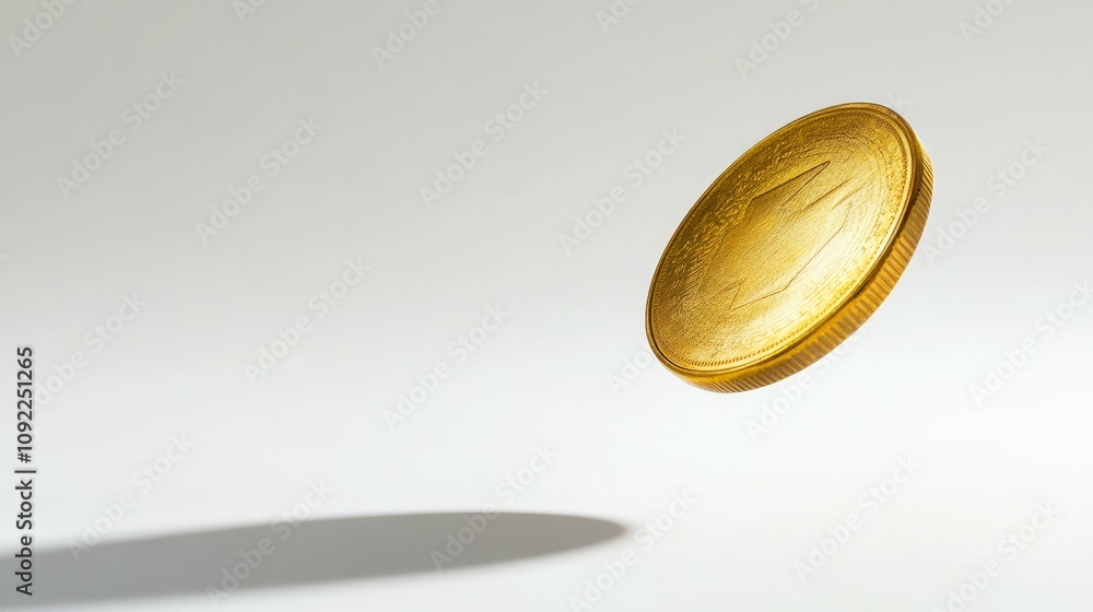 Poster a stunning golden coin floating above a soft gray background, reflecting light and creating a myster