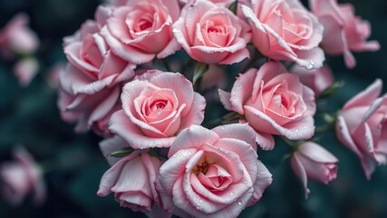 Naklejka premium Soft focus image of a bunch of pink roses with dew drops on the petals capturing the ethereal quality of the scene, blurred background, dewy flowers, natural atmosphere