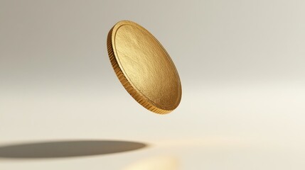 Fototapeta premium Golden Coin in Mid-Air with Dramatic Lighting and Soft Shadow Creating a Captivating Visual Effect Ideal for Financial Concepts and Wealth Imagery