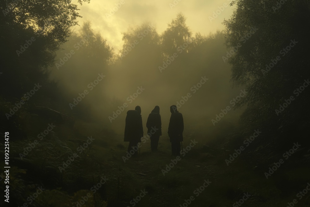 Poster three silhouetted figures in a foggy forest at dusk, capturing a mysterious atmosphere surrounded by