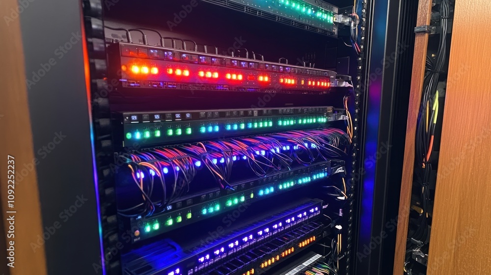 Aufkleber Illuminated Network Rack With Colorful Cables and Devices