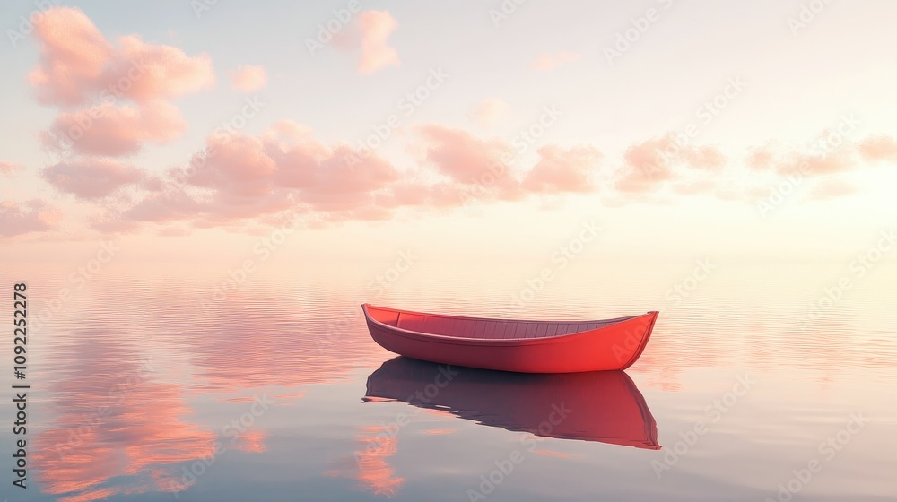 Aufkleber serene scene of a single red canoe floating peacefully on calm waters at sunrise with soft clouds an