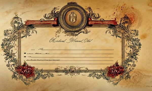Antique Ornate Blank Certificate or Award with Floral Accents and a Crest