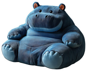 Large blue hippo-shaped plush bean bag chair with a cozy design.