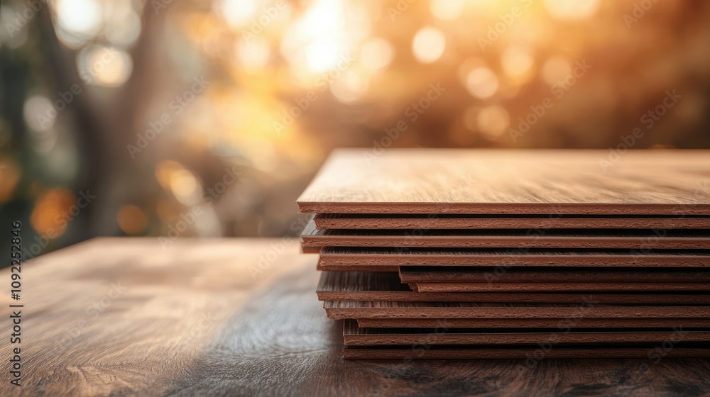 Poster a stack of wooden panels resting on a rustic table with a warm sunlit background showcasing natural 