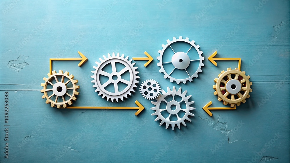 Poster minimalist gears and arrows representing business process reengineering for operational improvement 