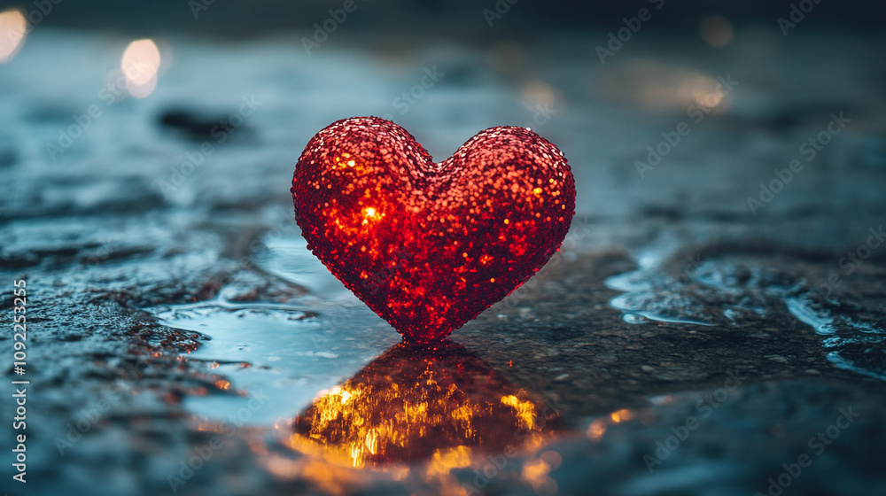 Poster sparkling red heart shape on wet surface reflecting warm lights in a romantic setting