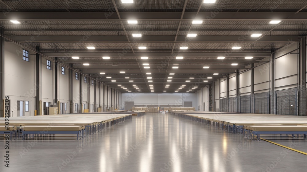 Aufkleber large empty warehouse with rows of benches