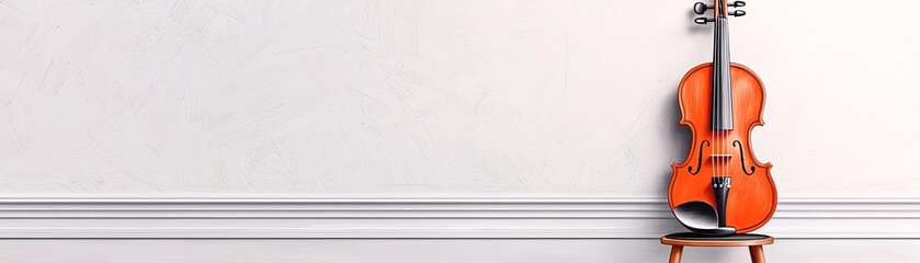 Fototapeta premium An elegant orange violin resting against a plain wall, symbolizing musical creativity and artistry in a serene environment.