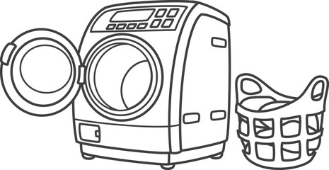 ドラム式洗濯機と洗濯物が入っている洗濯カゴ