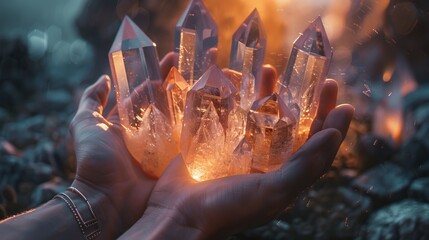 A hand holding a cluster of glowing transparent crystals. Mystical or magical object. Concept of wonder, energy radiating, auras, sacred geometry, cosmic symbols.