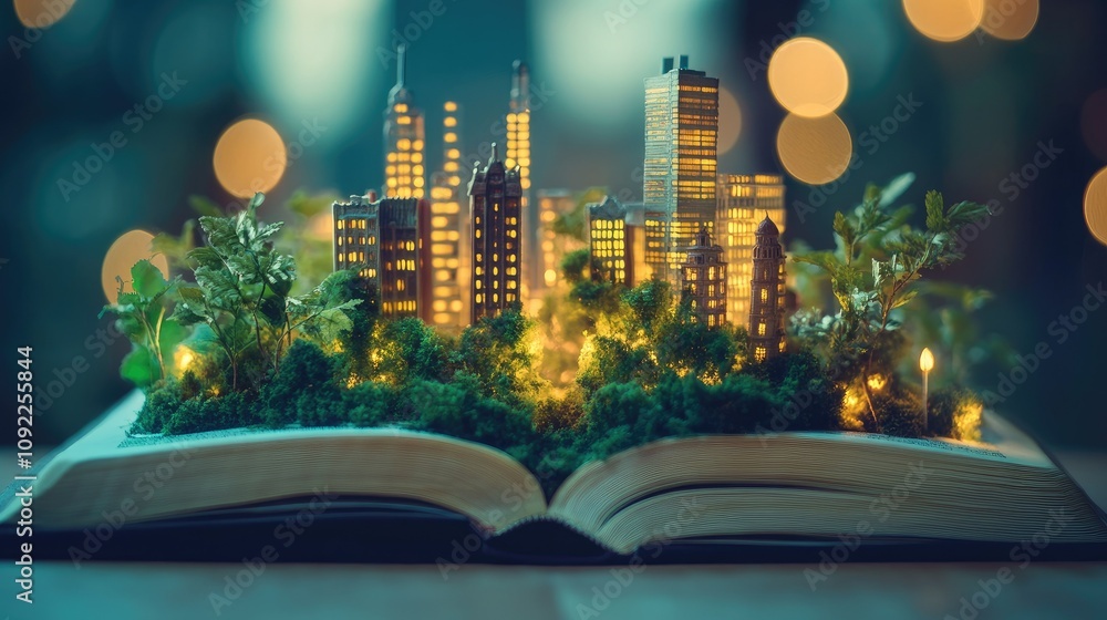 Poster enchanting cityscape emerging from open book surrounded by lush greenery and soft glowing lights cre