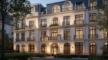 Fototapeta premium Elegant city building with modern design and classic architecture, featuring large windows, decorative balconies, and warm lighting in a serene urban setting