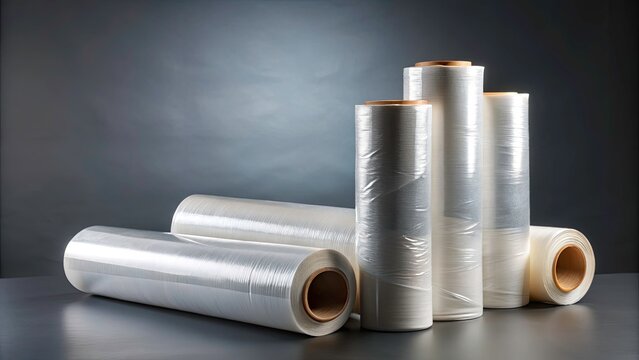 Rolls of Transparent Stretch Wrap Film on Grey Background for Packaging and Shipping Uses, Versatile Stretch Film for Protection, Storage, and Transportation Solutions