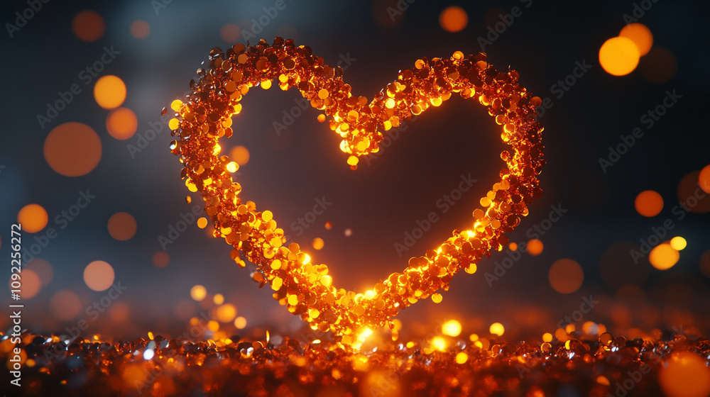 Poster heart shape made of glowing particles illuminates the dark background in a captivating display