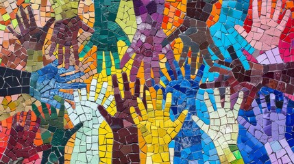 Obraz premium A colorful mosaic of diverse hands reaching towards the sky,Symbolic representation of aspiration and inclusivity