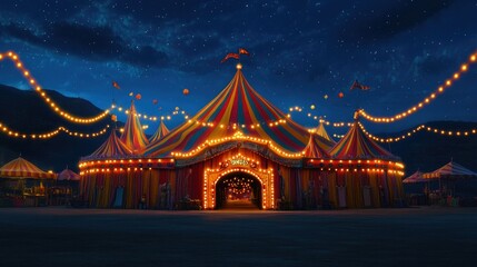Obraz premium Vibrant Carnival Tent at Night with Colorful Lights and Starry Sky Creating a Magical Atmosphere for Fun and Celebration at an Outdoor Event