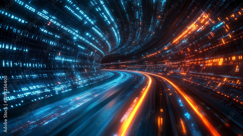 Poster futuristic digital tunnel with glowing lines and fast motion.