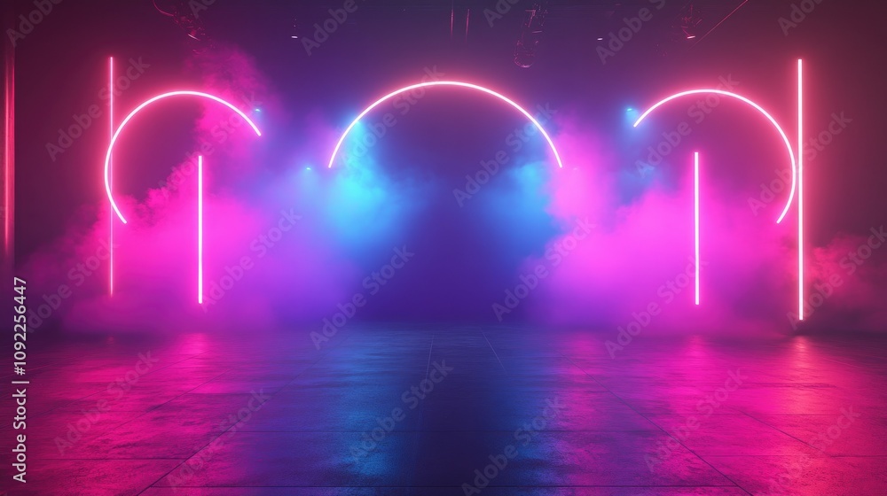 Poster vibrant neon lights with colorful smoke effects in a modern studio setting for dynamic and atmospher