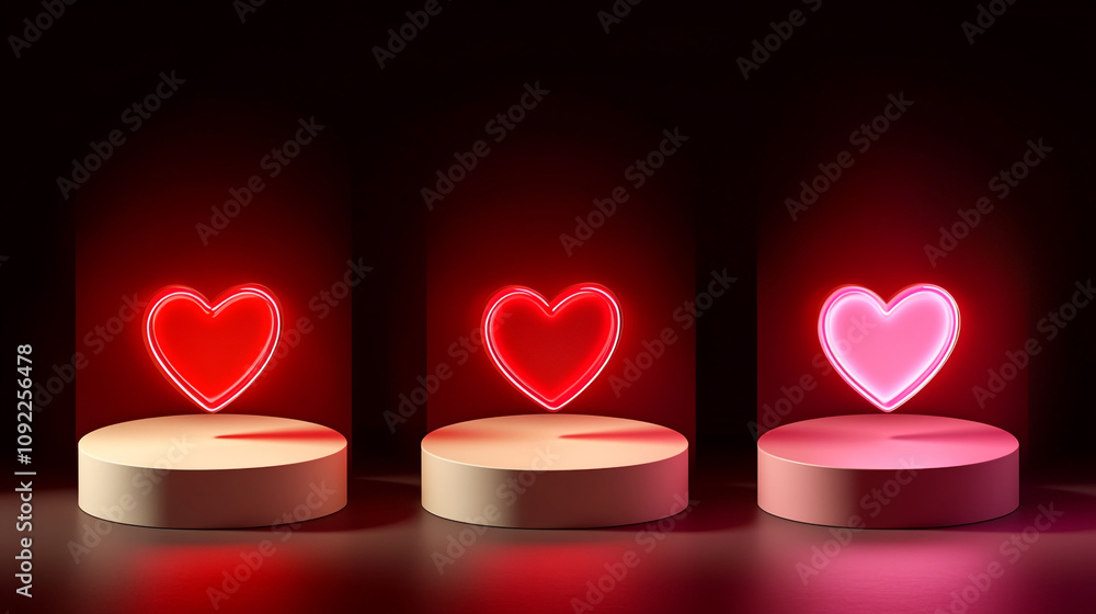 Aufkleber heart shapes in neon light creating a romantic atmosphere in a dark setting