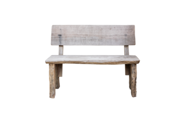 Front view of gray wooden bench with backrest isolated on transparent background