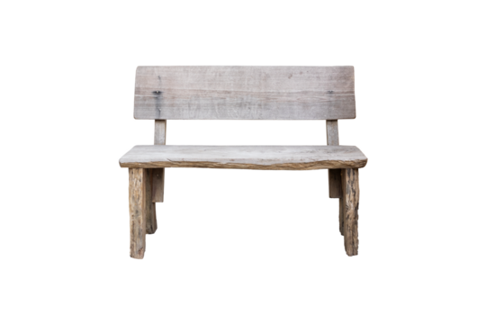 Front view of gray wooden bench with backrest isolated on transparent background