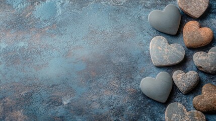 Charming collection of miniature stone hearts arranged on a textured blue background with ample empty space for personalized text.
