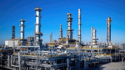 Obraz premium Platinum industrial pipes and equipment gleaming in a modern refinery.