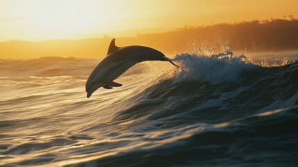 Obraz premium Bottlenose dolphin blissfully leaping above ocean waves, illuminated by golden twilight sunlight, creating a breathtaking seaside scene.