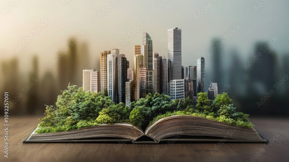 Poster lush greenery emerging from an open book with a beautiful metropolis in the background, symbolizing 
