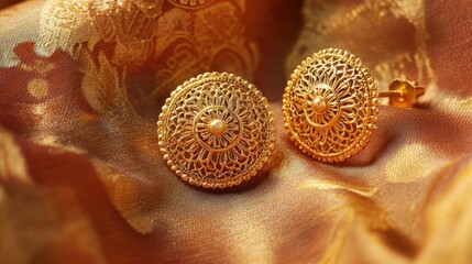 Yellow gold earrings with intricate filigree design resting on a silk cloth.