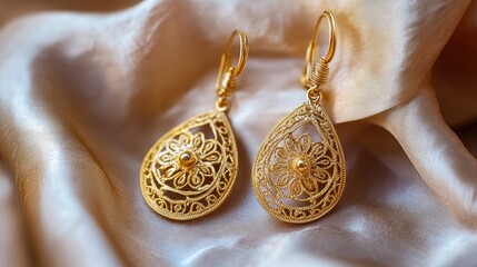 Yellow gold earrings with intricate filigree design resting on a silk cloth.