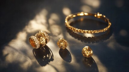 Yellow gold jewelry displayed on a dark surface under spotlight lighting.