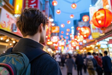 東京の下町を歩く外国人観光客の若い男性