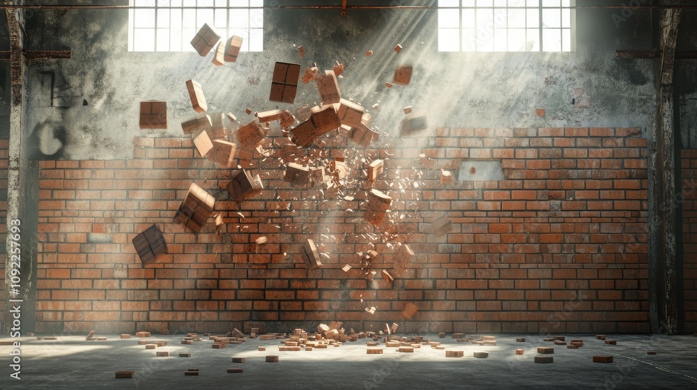 Poster dynamic explosion of bricks in an abandoned industrial space with sunlight streaming through windows