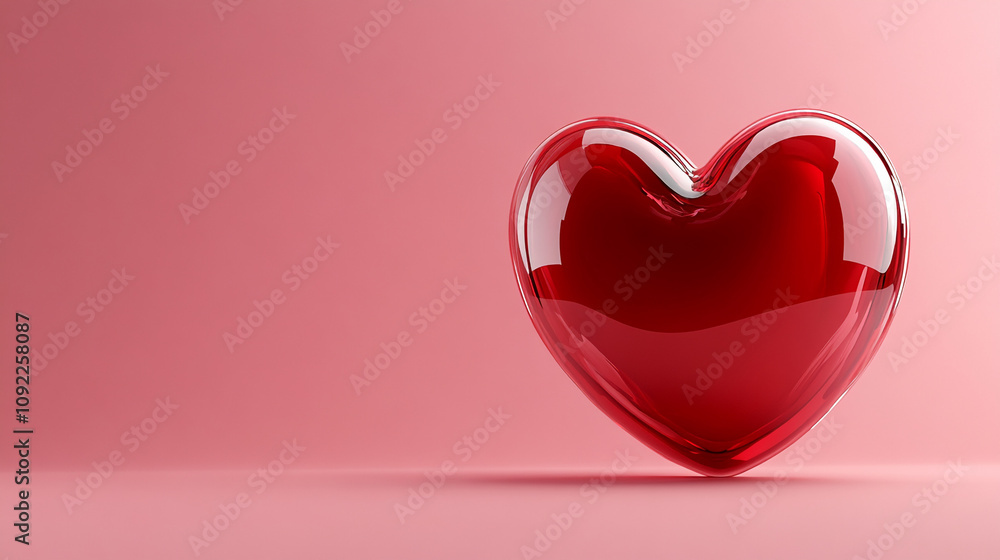 Poster shiny red heart resting on a soft pink background creating a romantic atmosphere