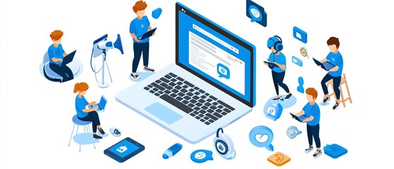 Global Communication Network Isometric Illustration of People Collaborating Online.