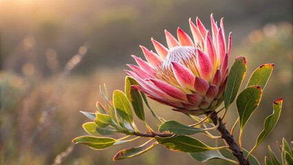 Vibrant protea flower against soft focus background, floral pattern, plant life