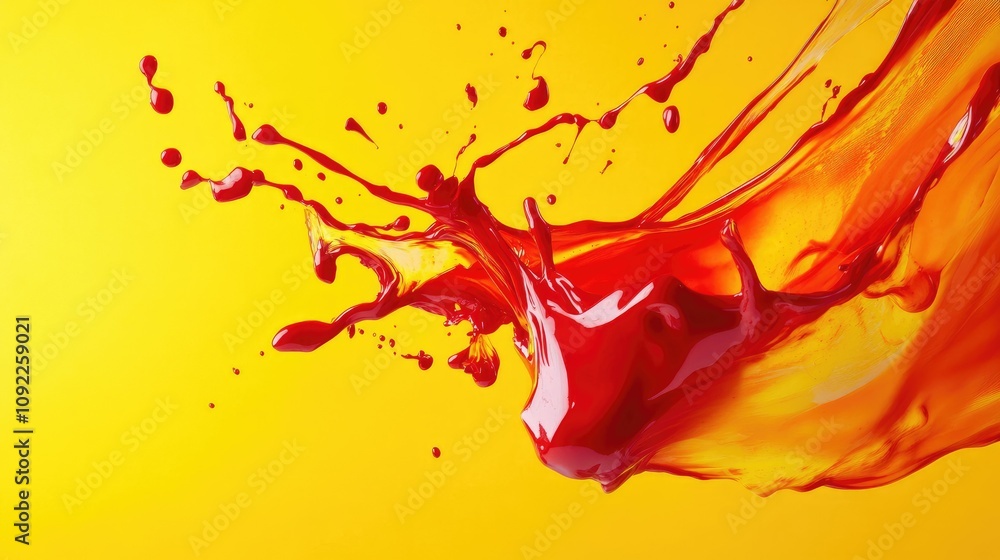 Poster vivid splash of red liquid against bright yellow background creating dynamic and energetic visual im