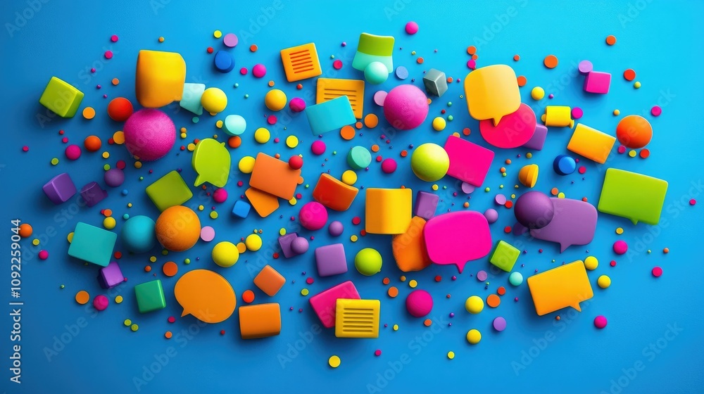 Poster vibrant collection of colorful 3d geometric shapes and speech bubbles on a bright blue background fo