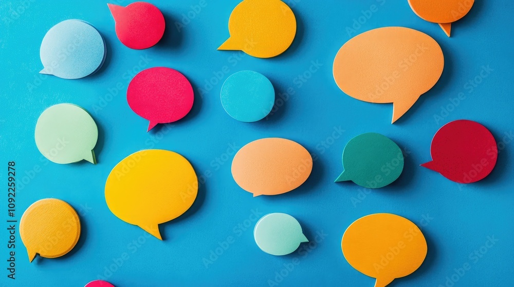 Poster colorful speech bubbles on a blue background representing communication, conversation, feedback, and
