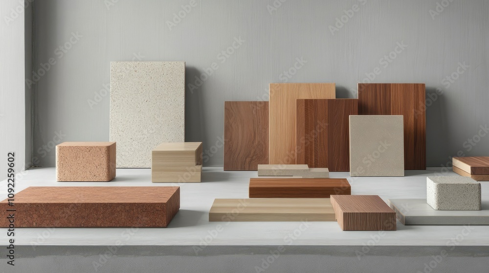Poster abstract composition of various textured blocks and panels in earthy tones arranged artistically on 