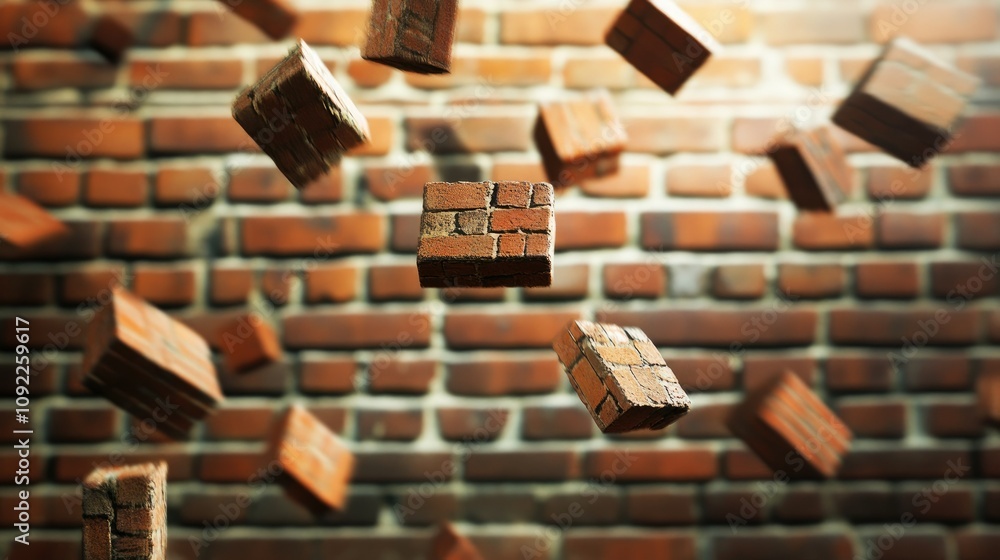 Poster floating bricks against a textured background, demonstrating motion and depth with creative use of l